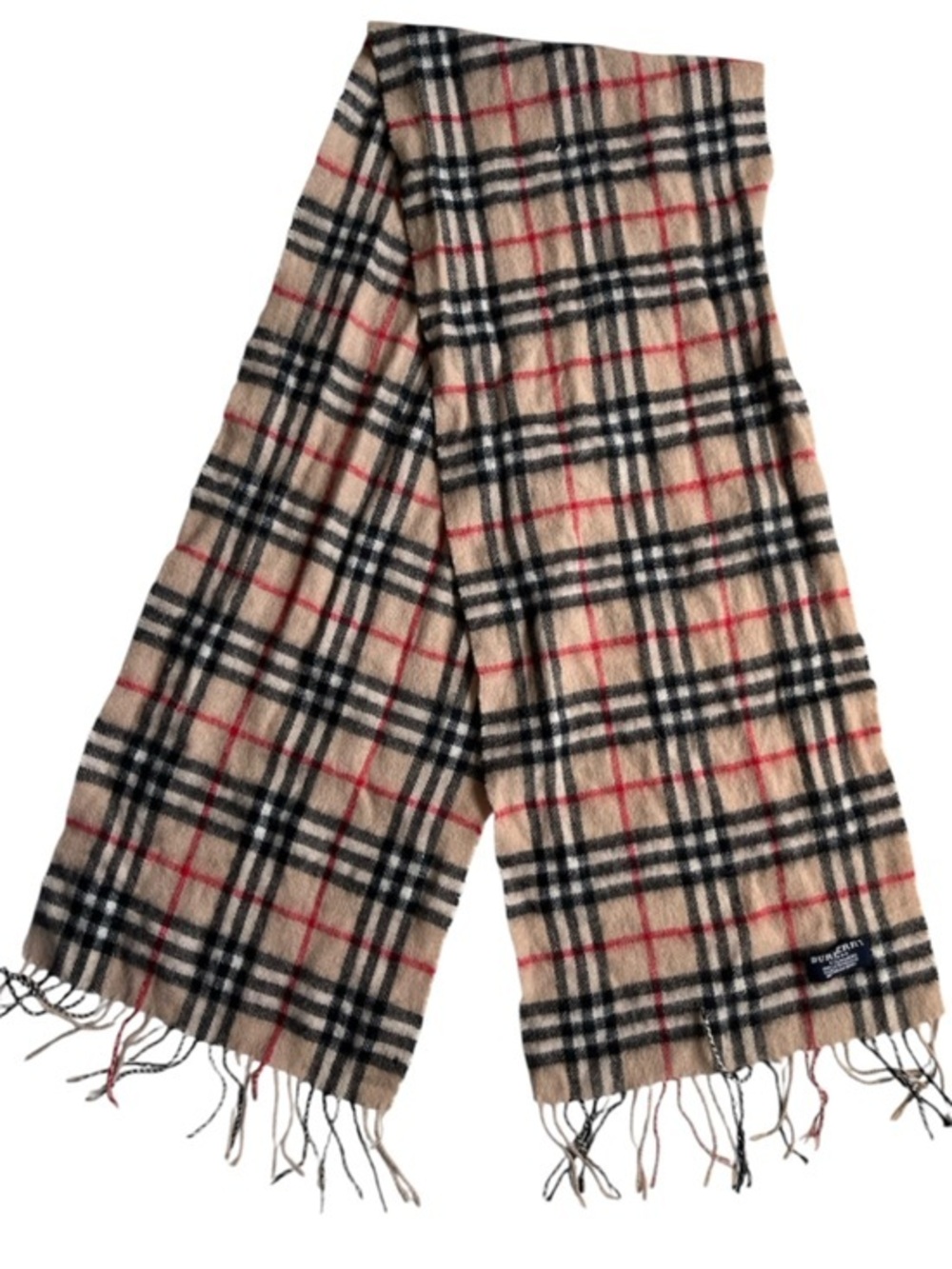 Burberry Beige Check Cashmere Scarf with Black and Red Accents